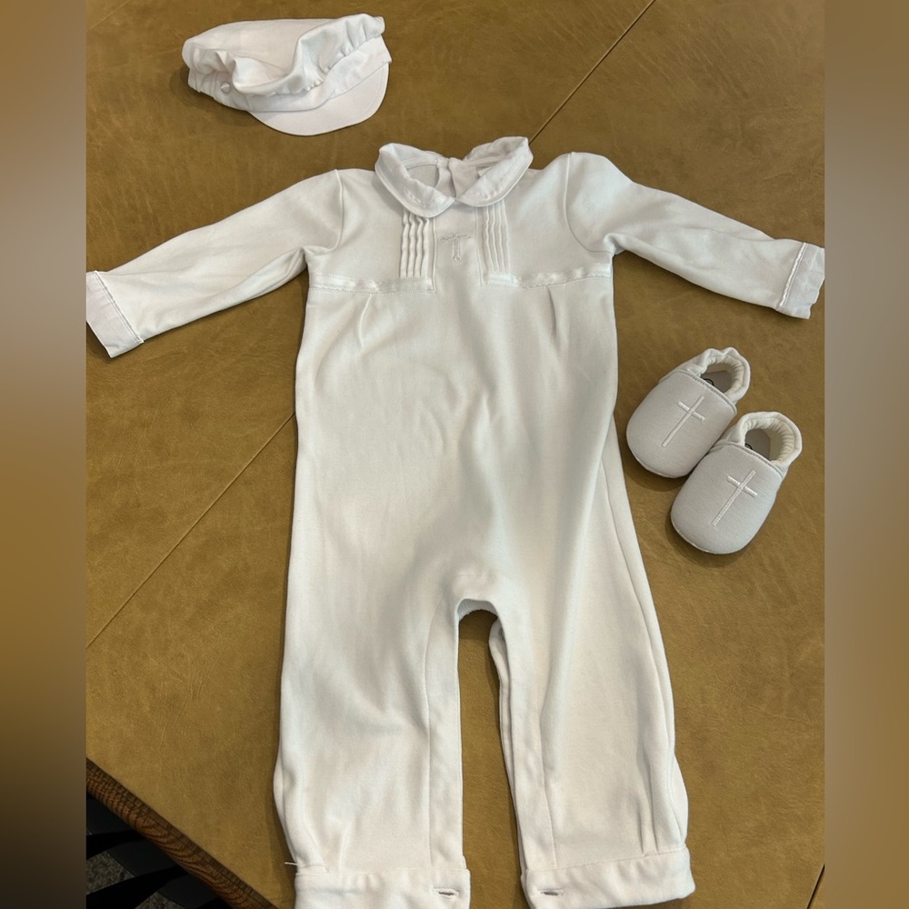 Carriage Boutique Cross Embroidered Christening Romper and Newsboy Cap Set 12M